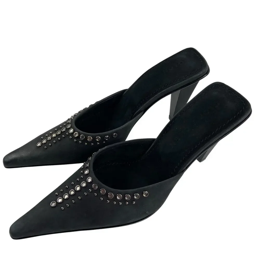 Glory Chen Black Studded Black Leather Suede Pointed Toe Mule Heels Size 5.5